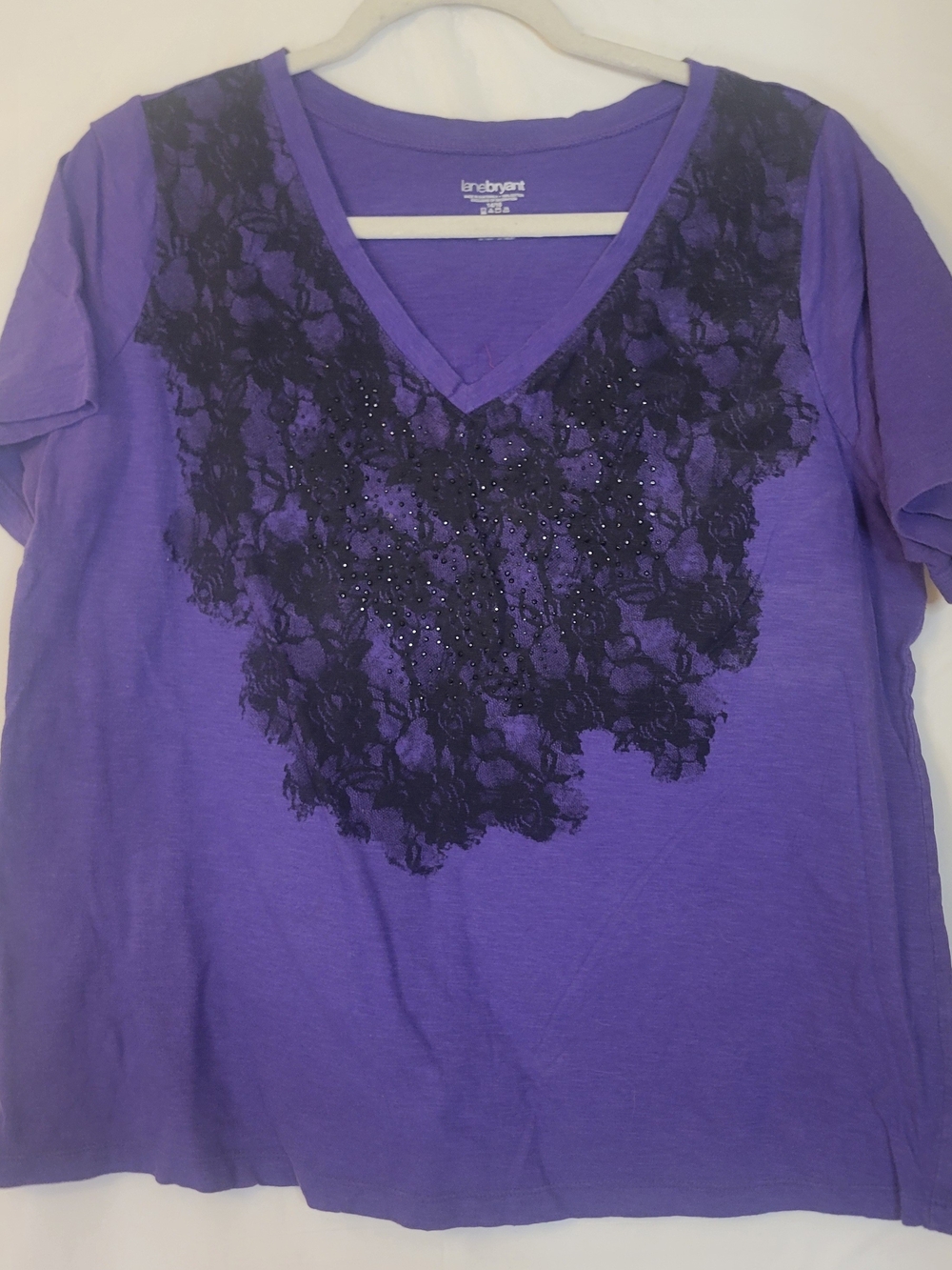 Lane Bryant Purple V-Neck Tee with Black Lace and Studs
